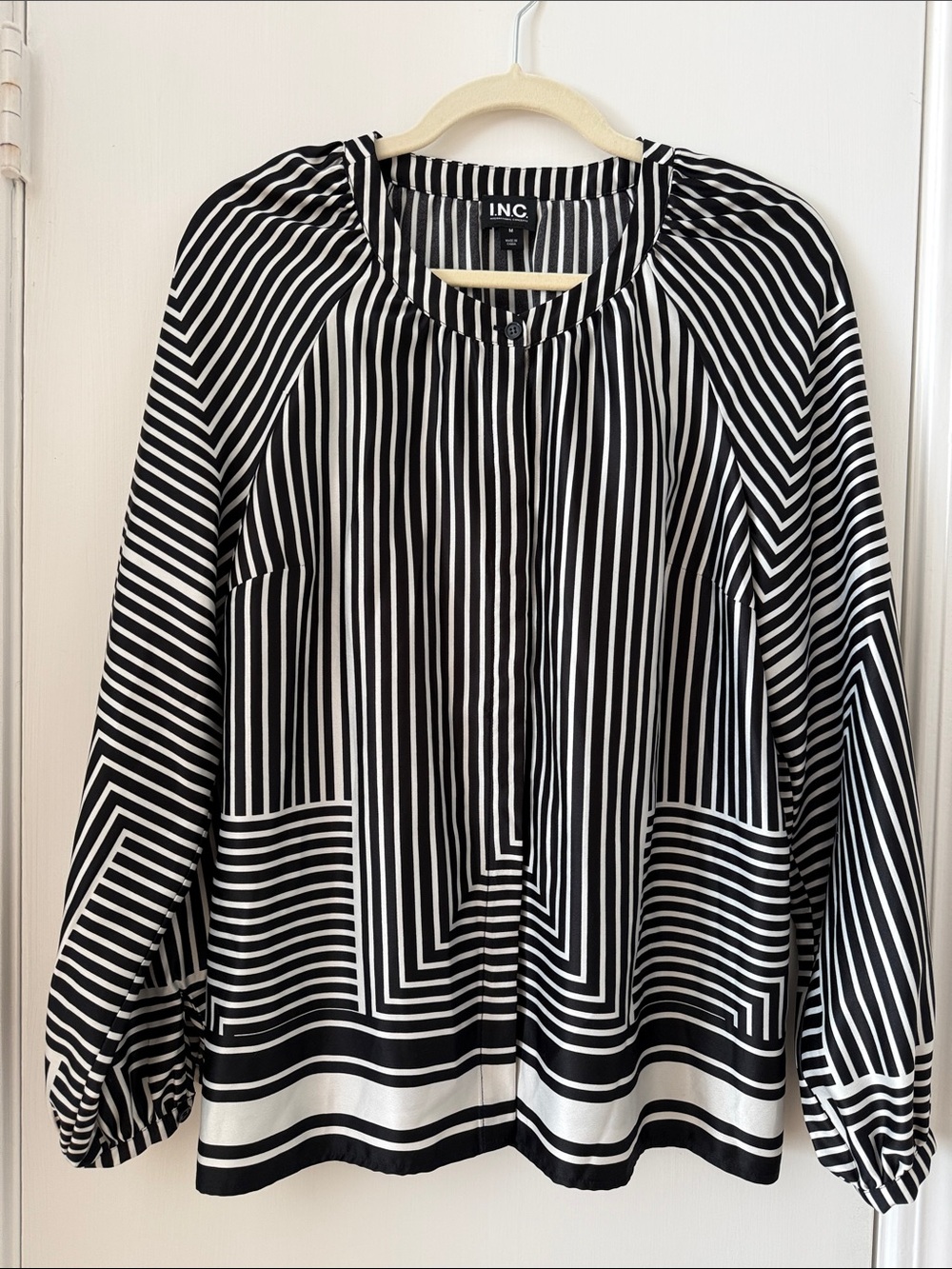 INC International Concepts Black and White Geometric Stripe Blouse, Size M